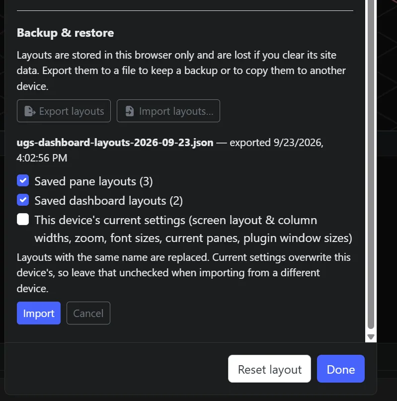 The Backup and restore section after choosing a file, with checkboxes for saved pane layouts, saved dashboard layouts and this device's current settings.