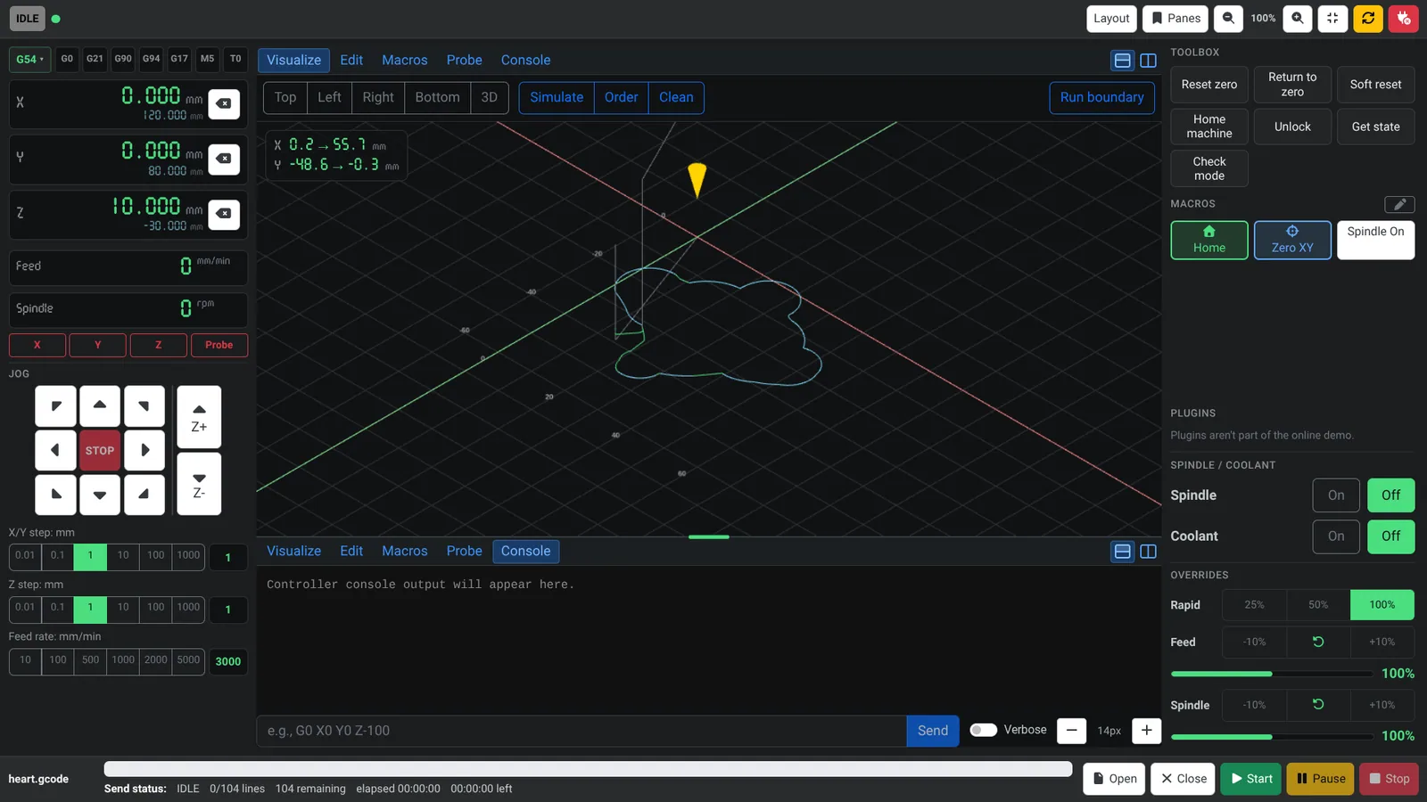 The UGS Dashboard: position readouts and jog pad on the left, a 3D toolpath and console in the middle, macros, spindle and overrides on the right.