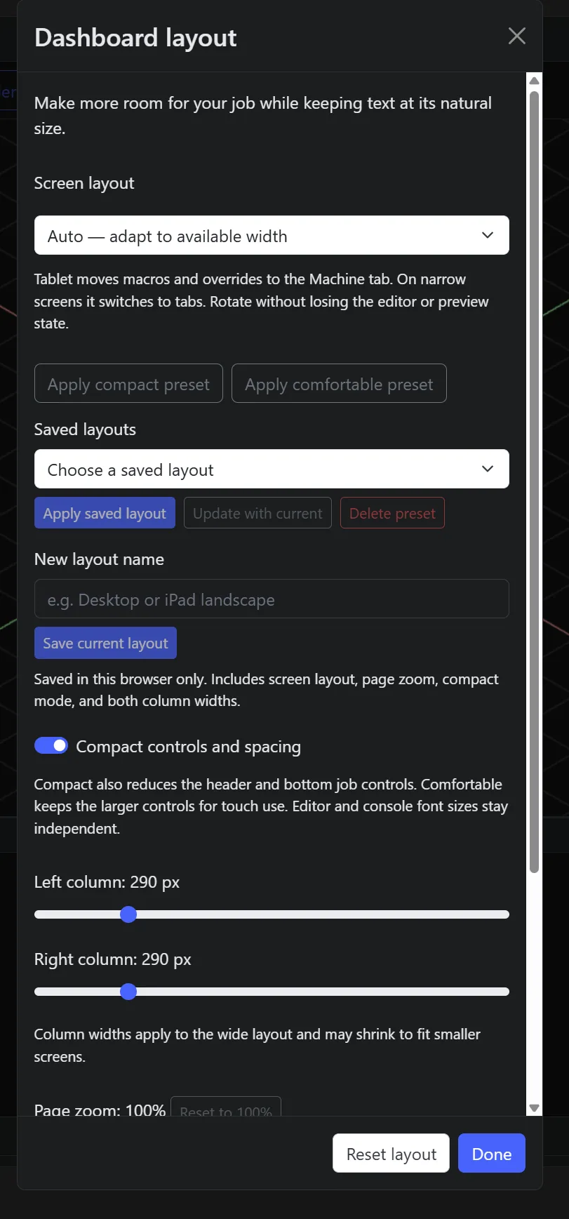 The Dashboard layout dialog with a screen layout menu, saved layouts, compact controls switch and column width sliders.