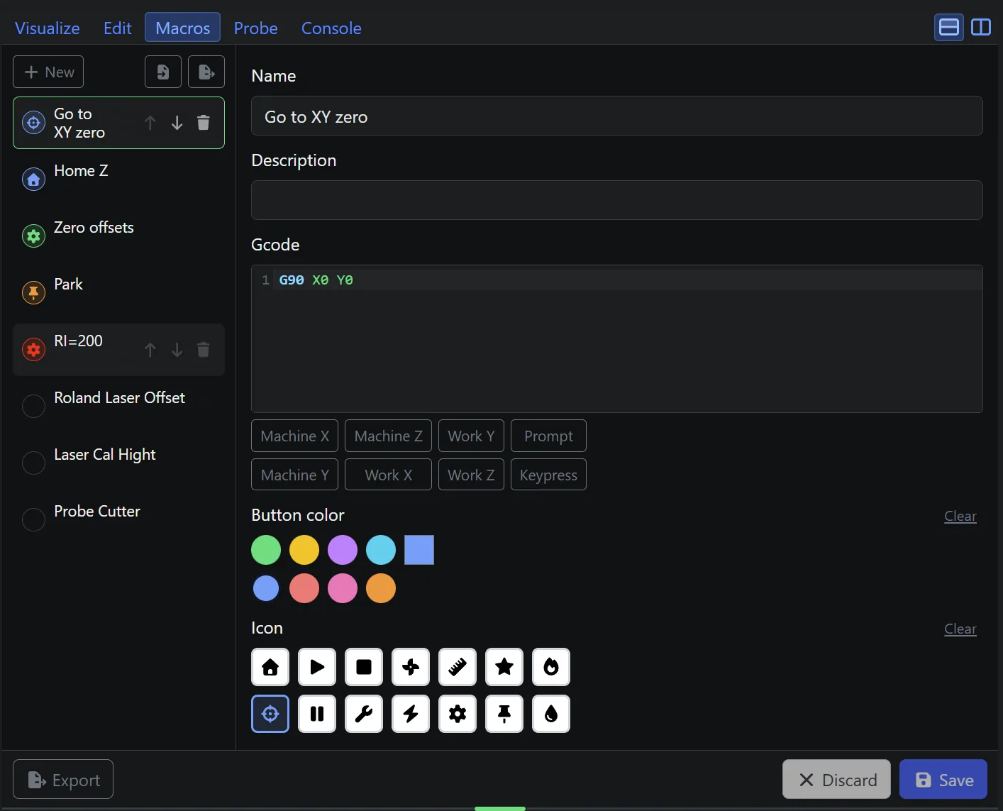 The macro editor: a list of macros on the left, and on the right the name, description and G-code fields, macro expression buttons, a button color picker and an icon picker.