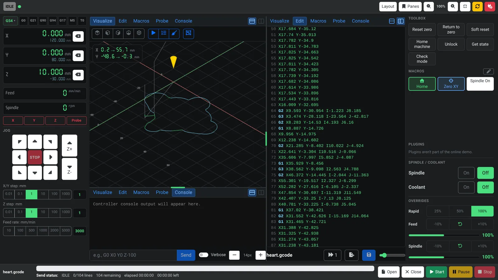 The toolpath viewer and a tall G-code editor side by side, with a console below the toolpath.