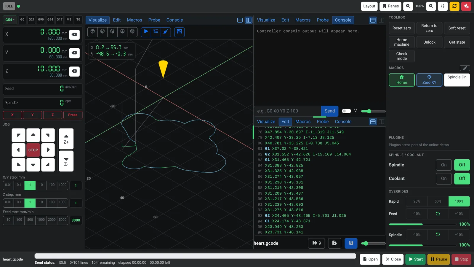 Three panes in the center of the Dashboard: the toolpath viewer on the left, the console at the top right and the G-code editor at the bottom right.