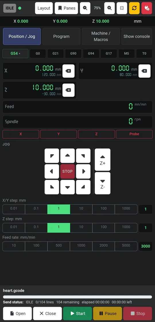 A phone showing position readouts, the jog pad and step sizes.