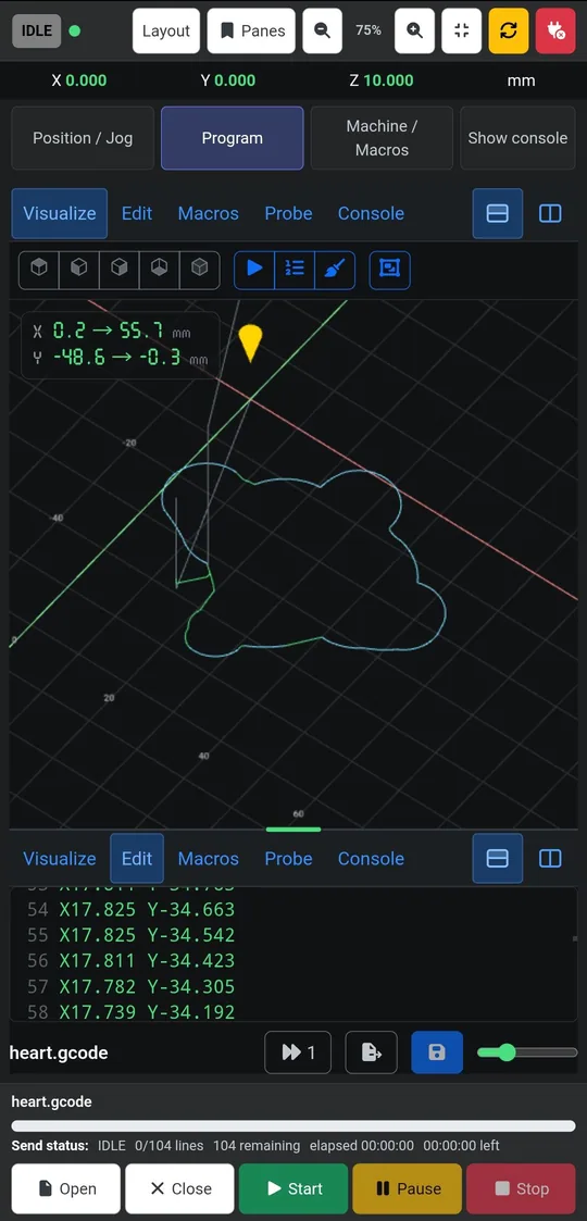 A phone showing the toolpath above the G-code editor.