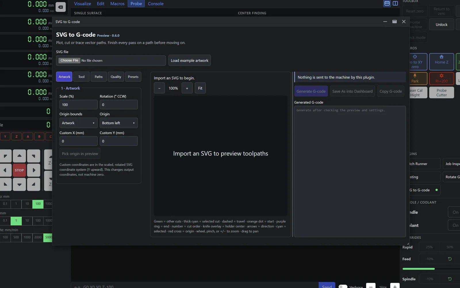 The SVG to G-code plugin open in a floating window over the Dashboard, with artwork settings, a preview area and a generated G-code panel.