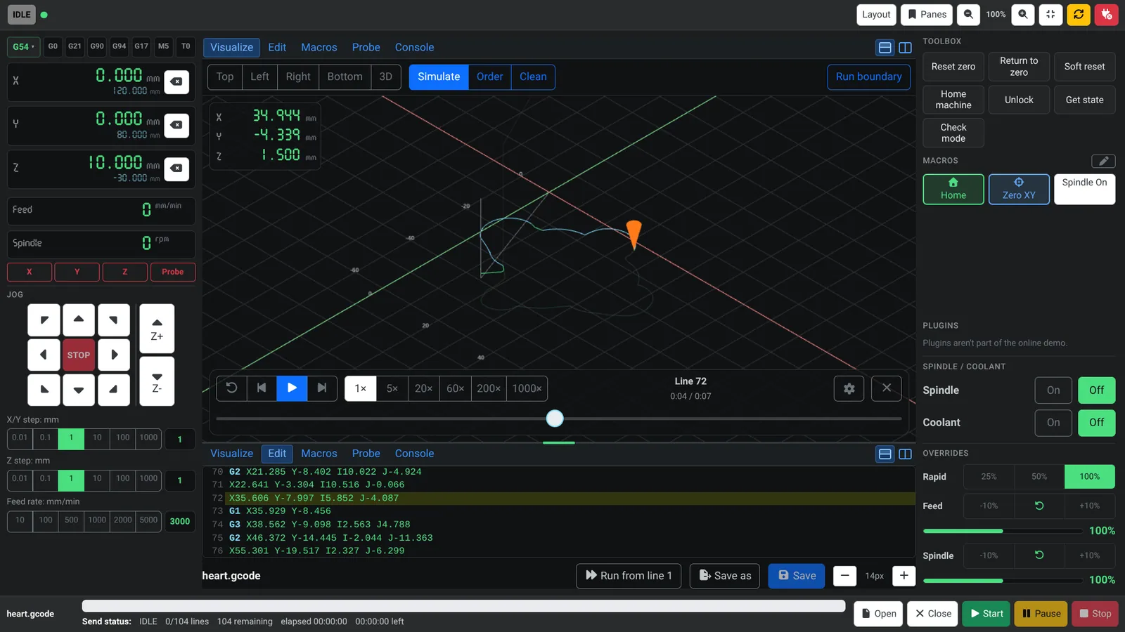 The toolpath viewer in simulate mode, with playback controls and a slider below the path, and the matching line highlighted in the editor underneath.