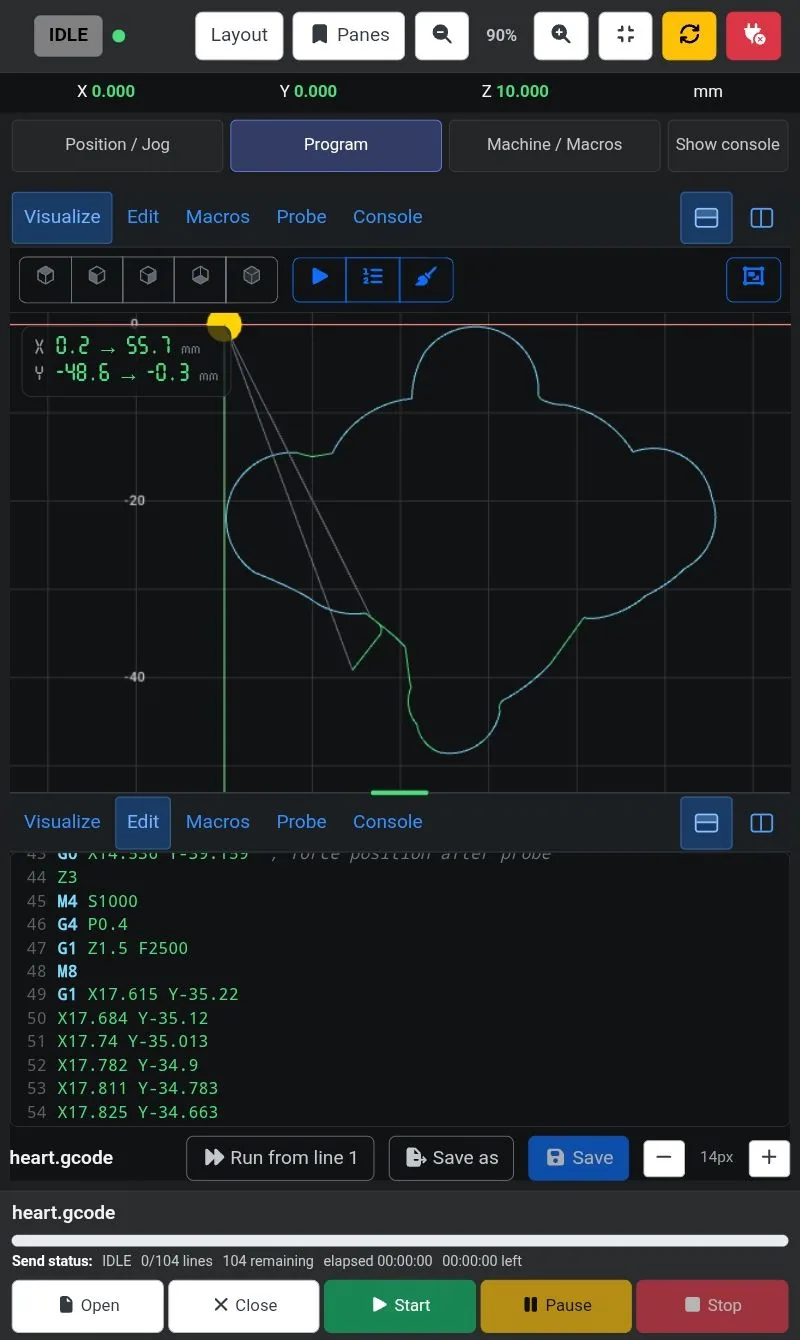 A tablet held upright with the toolpath above and the G-code editor below.