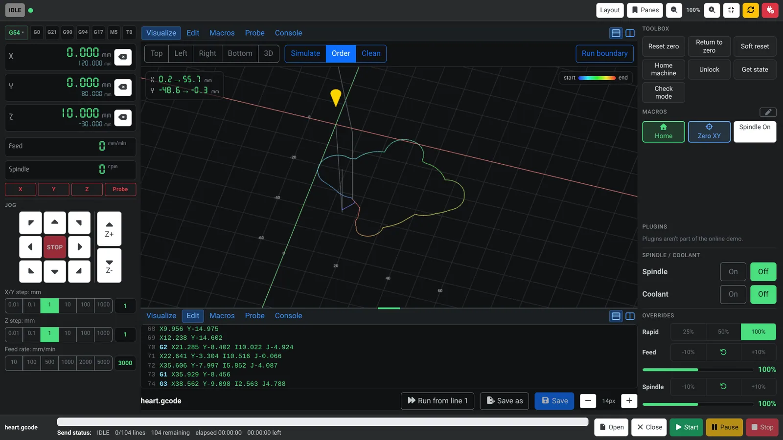 A toolpath colored from blue at the start to red at the end, with a start-to-end color key in the corner.