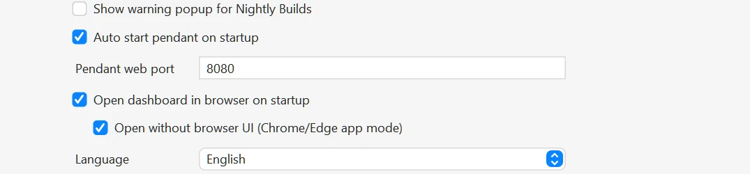 The Sender Options page in UGS with Auto start pendant on startup checked, the pendant web port set to 8080, Open dashboard in browser on startup checked, and Open without browser UI (Chrome/Edge app mode) checked.